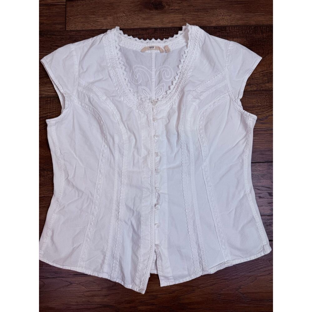 Soft Surroundings Taos Embroidered Blouse Cap Sleeve Boho Button Front White XL